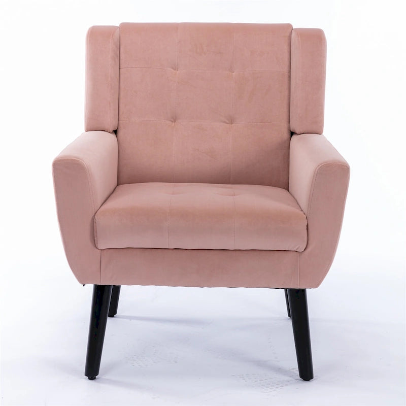 Poltrona moderna accentuata con bottoni in velluto rosa, 75 cm, con gambe in legno