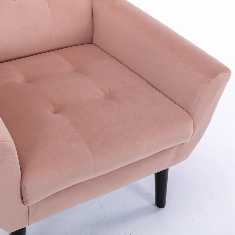 Poltrona moderna accentuata con bottoni in velluto rosa, 75 cm, con gambe in legno