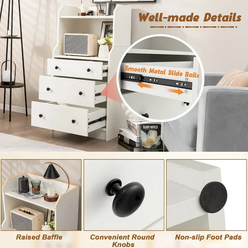 Gymax 3-Drawer Dresser 44 Tall Wood Storage Organizer Chest w/ 2