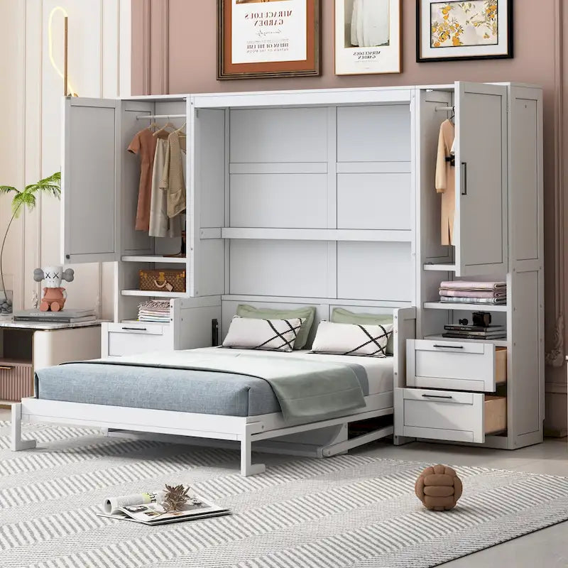 Letto a scomparsa Queen Size con armadio, scrivania, cassetti e mensole