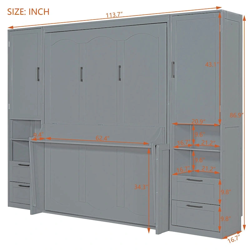 Letto a scomparsa Queen Size con armadio, scrivania, cassetti e mensole