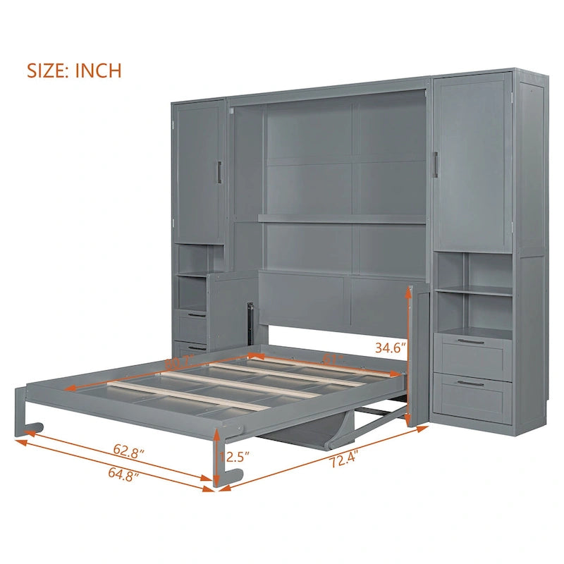 Letto a scomparsa Queen Size con armadio, scrivania, cassetti e mensole