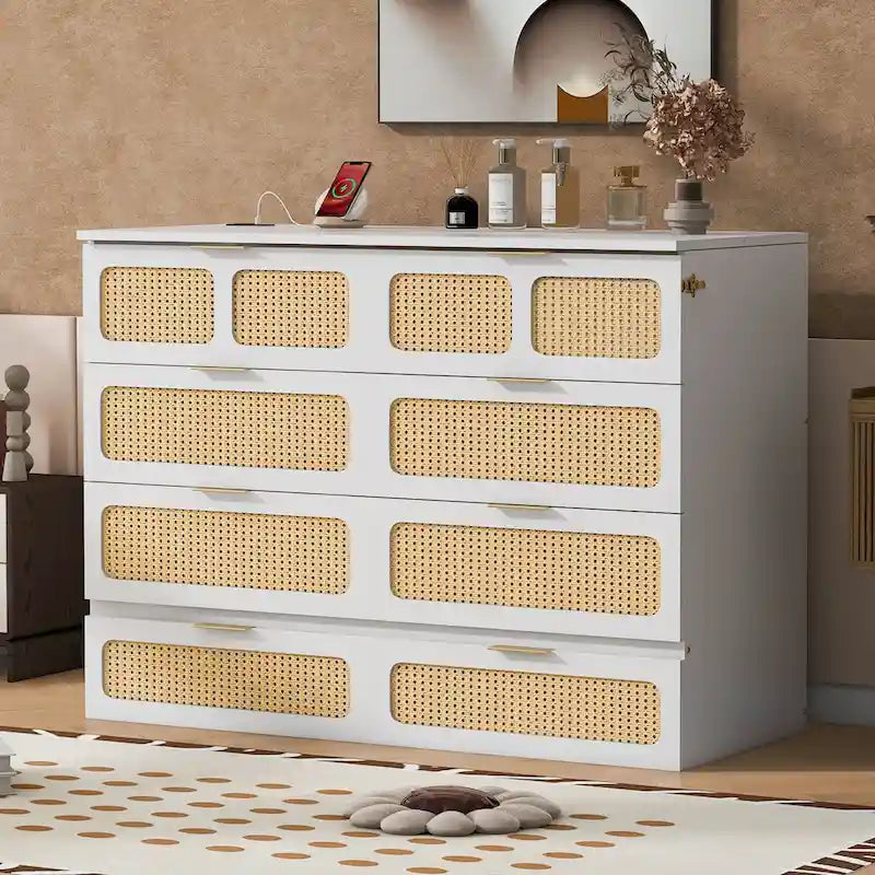 Letto a scomparsa Murphy in rattan con cassetti portaoggetti, porte USB e prese elettriche