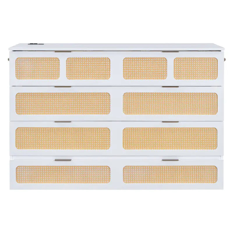 Letto a scomparsa Murphy in rattan con cassetti portaoggetti, porte USB e prese elettriche