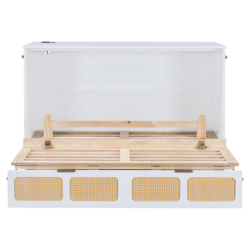 Letto a scomparsa Murphy in rattan con cassetti portaoggetti, porte USB e prese elettriche