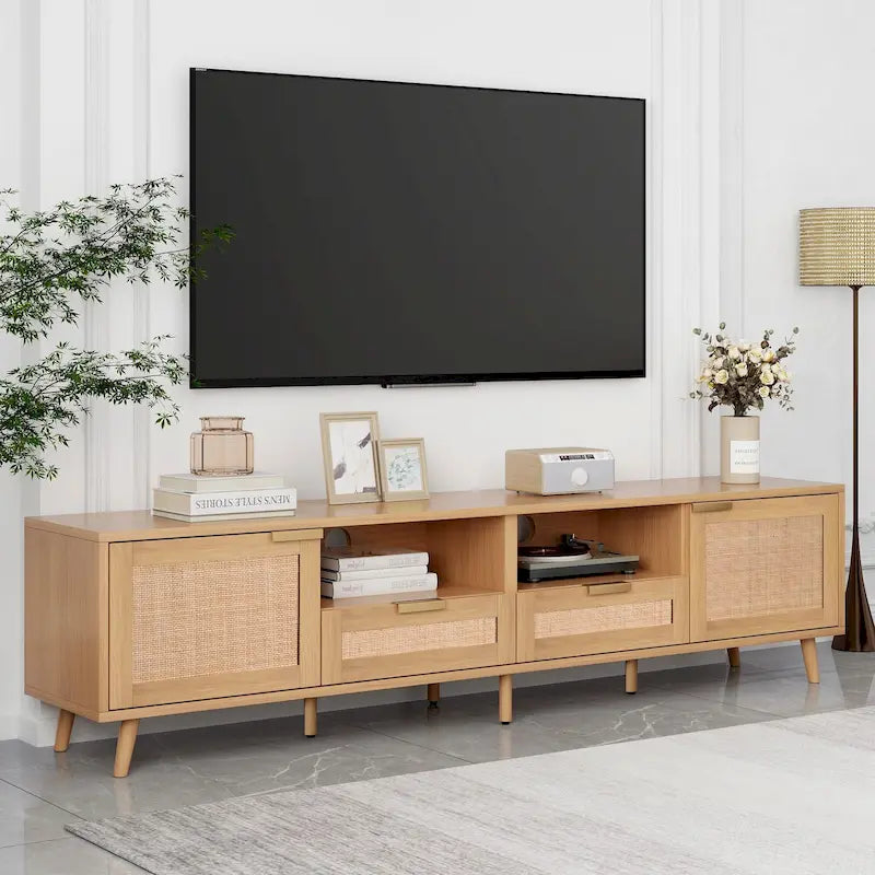 Mobile porta TV in legno 78 con gambe in legno, armadietti e mensole per TV fino a 85 pollici