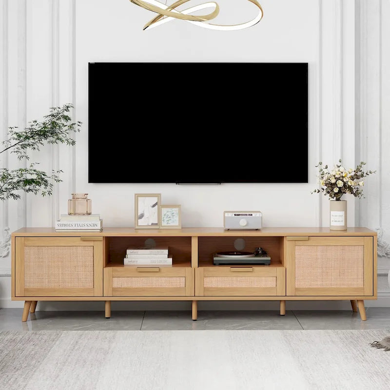 Mobile porta TV in legno 78 con gambe in legno, armadietti e mensole per TV fino a 85 pollici