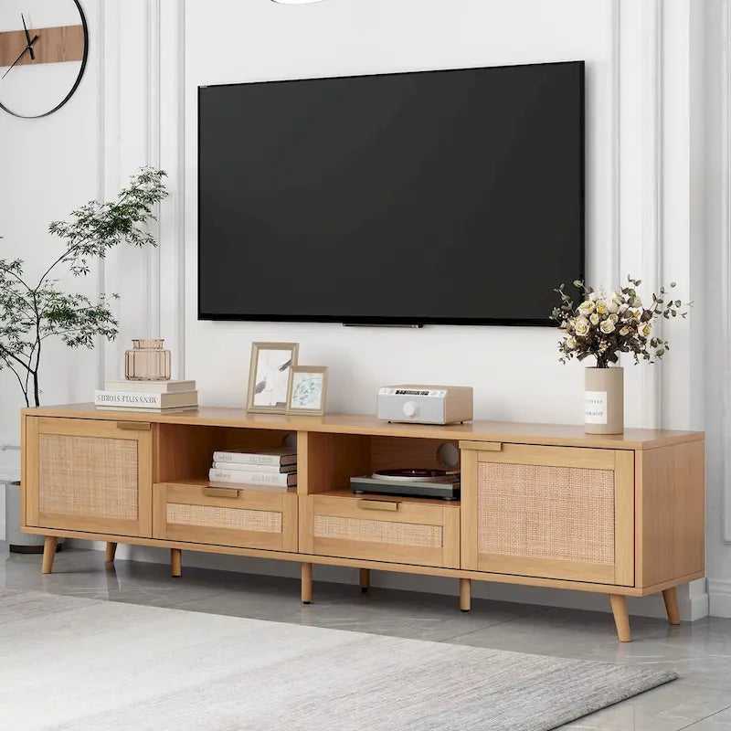 Mobile porta TV in legno 78 con gambe in legno, armadietti e mensole per TV fino a 85 pollici