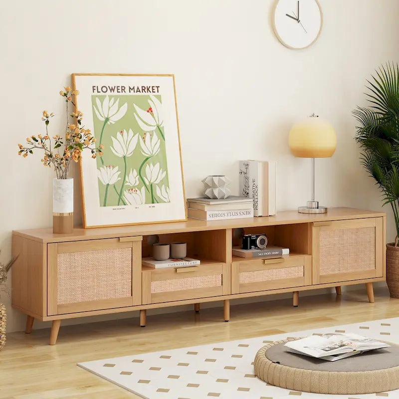Mobile porta TV in legno 78 con gambe in legno, armadietti e mensole per TV fino a 85 pollici