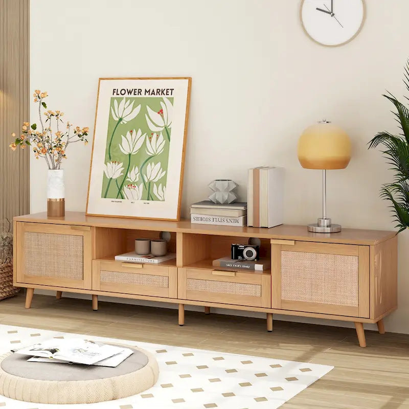 Mobile porta TV in legno 78 con gambe in legno, armadietti e mensole per TV fino a 85 pollici