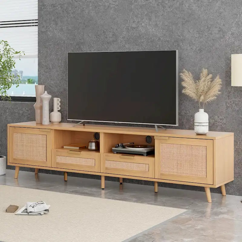 Mobile porta TV in legno 78 con gambe in legno, armadietti e mensole per TV fino a 85 pollici