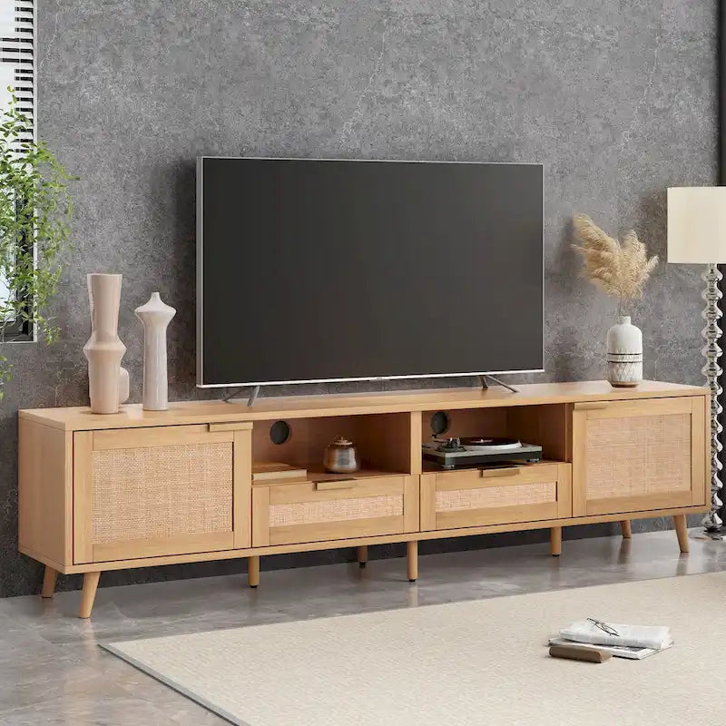 Mobile porta TV in legno 78 con gambe in legno, armadietti e mensole per TV fino a 85 pollici