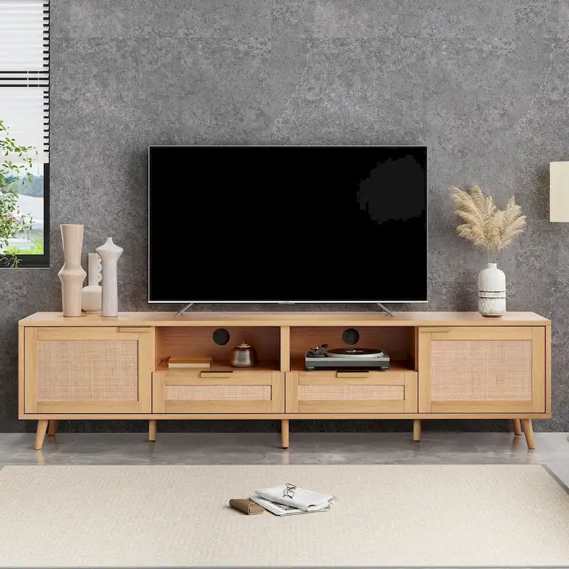 Mobile porta TV in legno 78 con gambe in legno, armadietti e mensole per TV fino a 85 pollici
