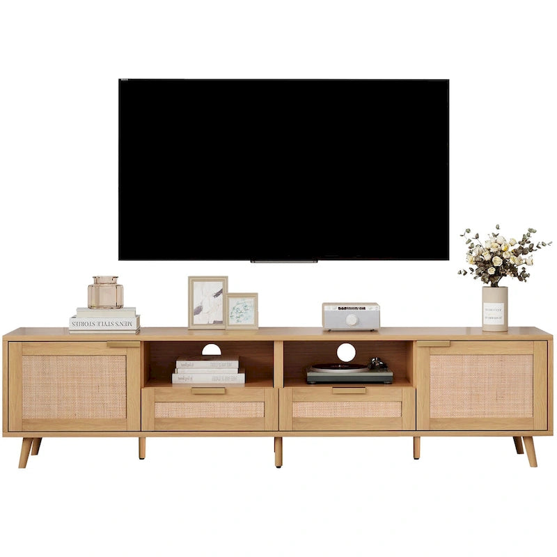 Mobile porta TV in legno 78 con gambe in legno, armadietti e mensole per TV fino a 85 pollici