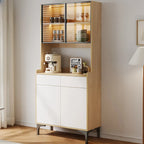 Large Wood Glass Doors Cabinet Sideboard with Hutch Top