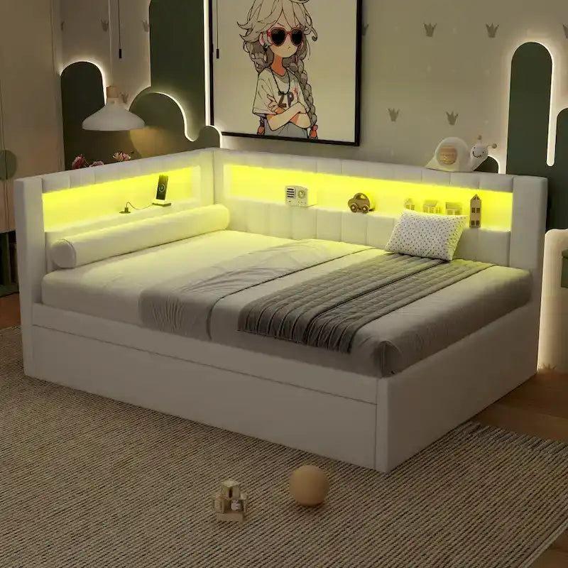 Letto imbottito a piattaforma con porte USB e illuminazione a LED - Struttura letto matrimoniale/singola con 2 cassetti portaoggetti - Camera da letto moderna