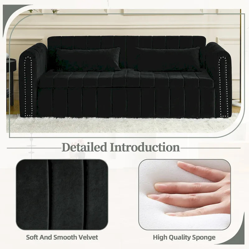 Divano letto moderno convertibile imbottito in velluto con braccioli arrotolati decorati con borchie in rame