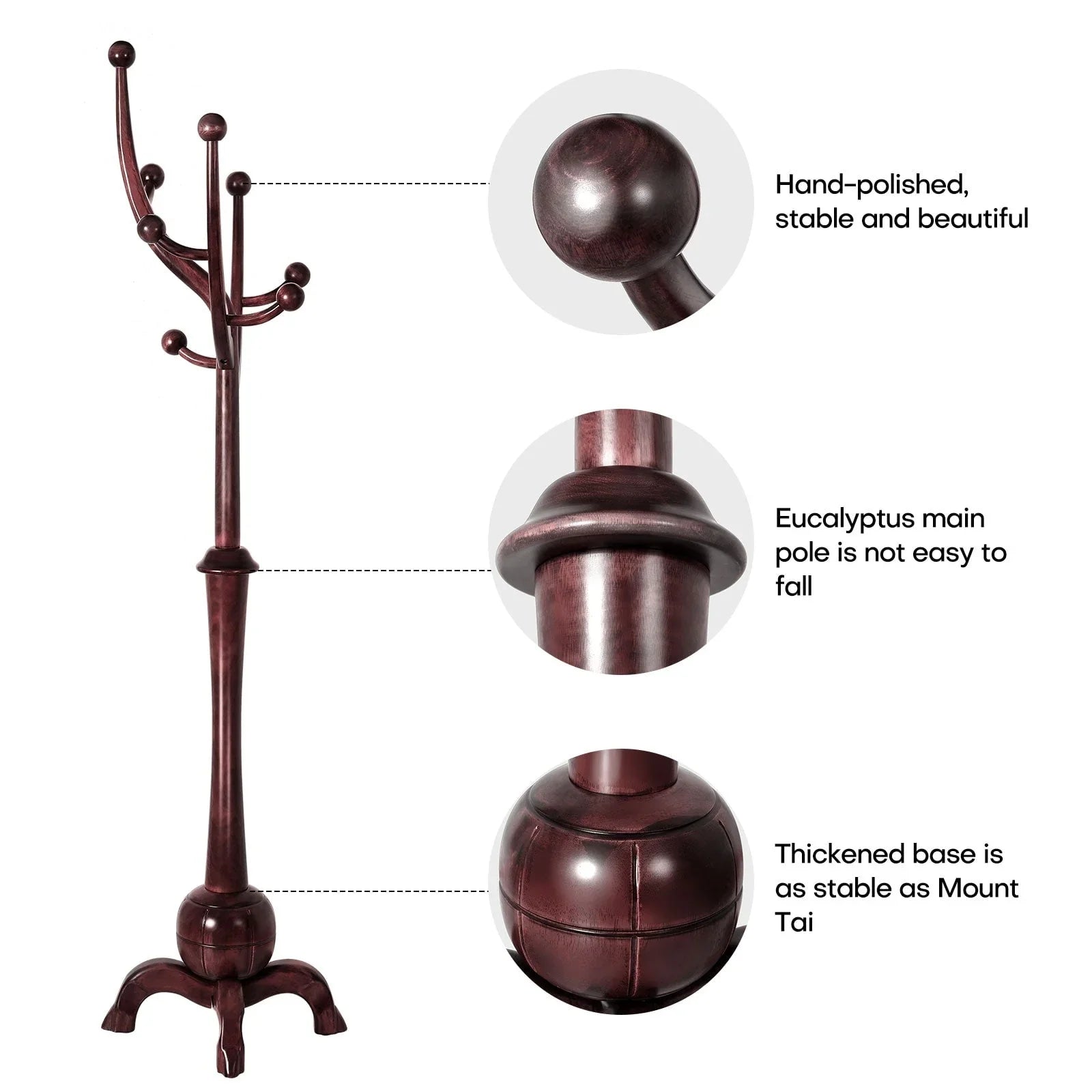 Appendiabiti da terra "ramo d'albero" in legno di gomma con 8 ganci - 24,5L x 70,87H