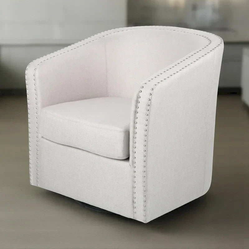 Poltrona girevole accent, stile classico a botte, tessuto beige grano