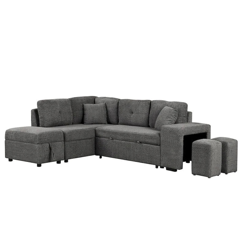 Divano componibile con letto estraibile e pouf contenitore, divano letto convertibile per soggiorno