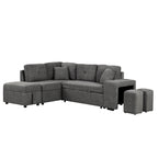 Divano componibile con letto estraibile e pouf contenitore, divano letto convertibile per soggiorno