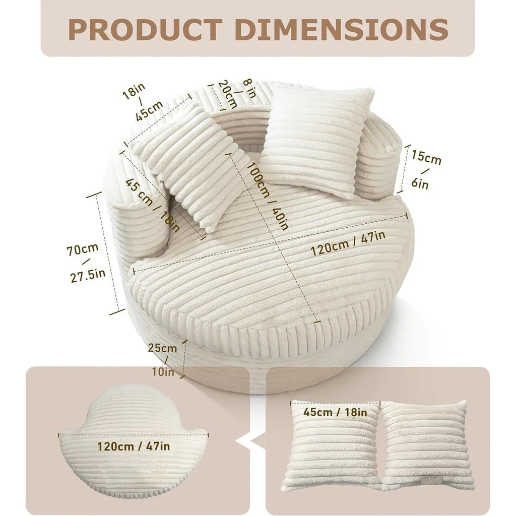 WOWMAX 47 Pollici Rotondo Divano Chaise Lounge da Interno, Divano da Pavimento Oversize Imbottito in Velluto a Coste con 2 Cuscini Decorativi