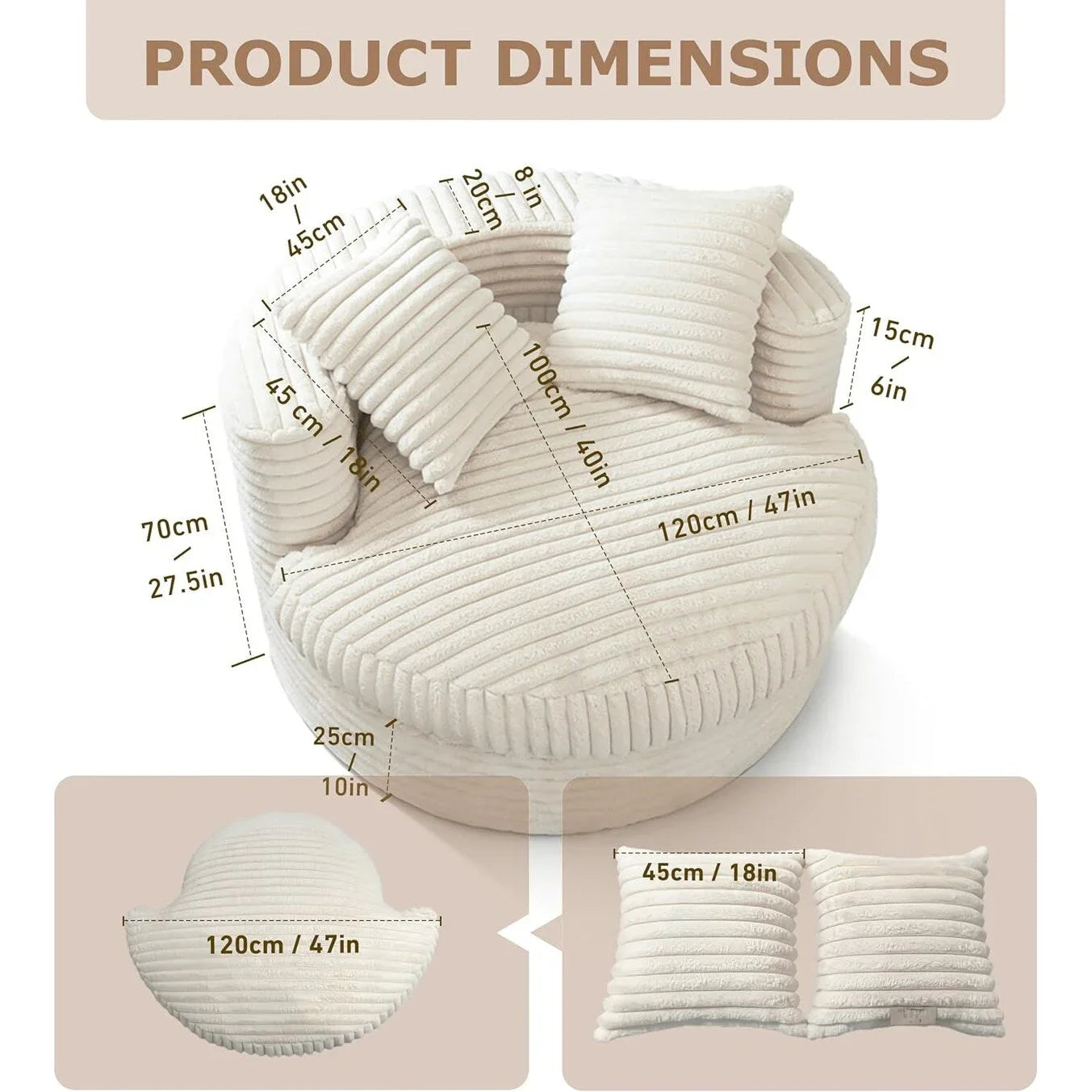 WOWMAX 47 Pollici Rotondo Divano Chaise Lounge da Interno, Divano da Pavimento Oversize Imbottito in Velluto a Coste con 2 Cuscini Decorativi
