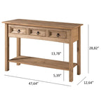 Tavolo Consolle Rustico in Pino Massiccio per Ingresso, Bianco Decapato / Marrone Antico / Grigio Decapato / Non Verniciato, 3 Cassetti
