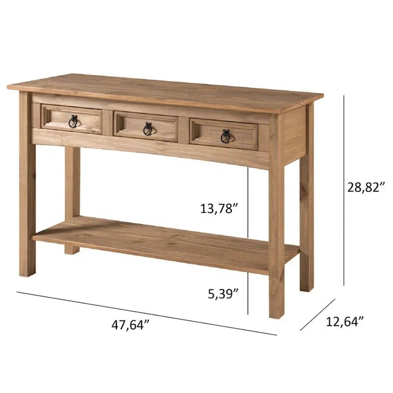 Tavolo Consolle Rustico in Pino Massiccio per Ingresso, Bianco Decapato / Marrone Antico / Grigio Decapato / Non Verniciato, 3 Cassetti