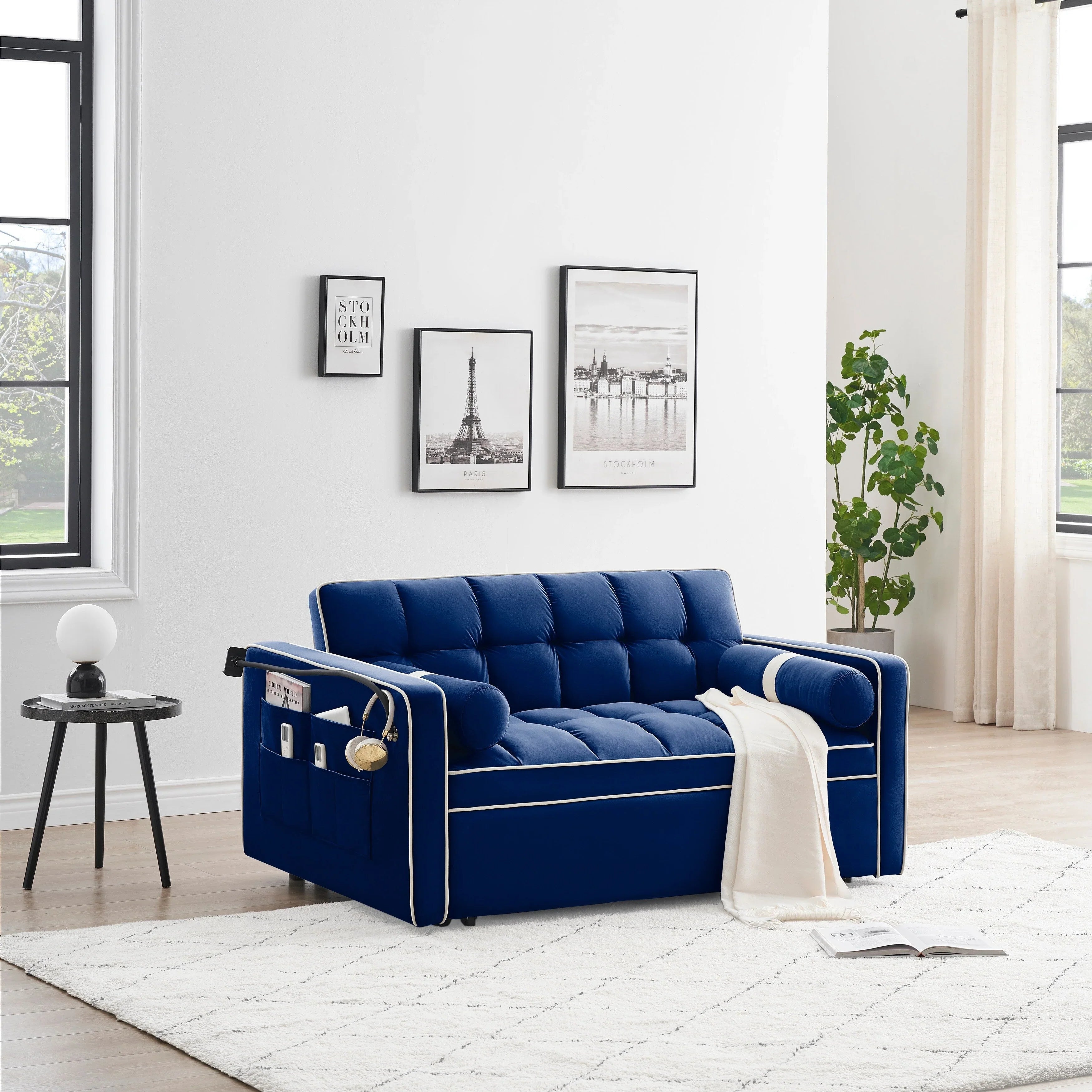 Divano letto trasformabile a 2 posti in velluto da 140 cm con letto estraibile, reclinabile, tasche laterali e supporto per telefono