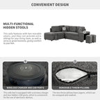 Divano componibile con letto estraibile e pouf contenitore, divano letto convertibile per soggiorno