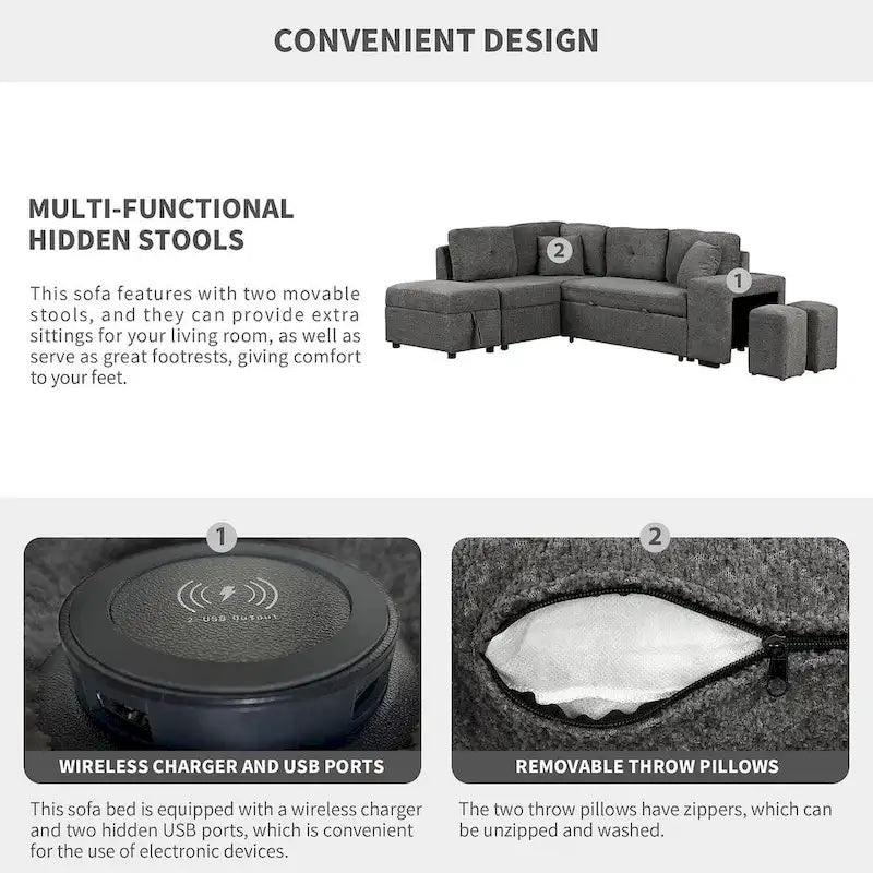 Divano componibile con letto estraibile e pouf contenitore, divano letto convertibile per soggiorno