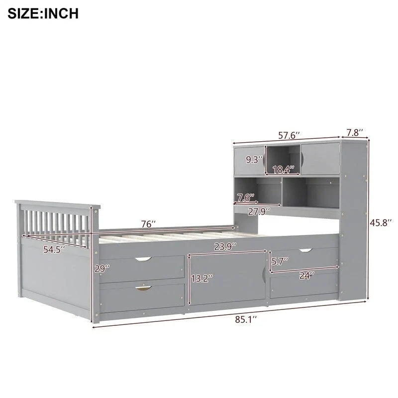 Letto a piattaforma Twin/Full Size Captain con 4 cassetti e mensole portaoggetti, struttura letto in legno massello con testiera libreria contenitore