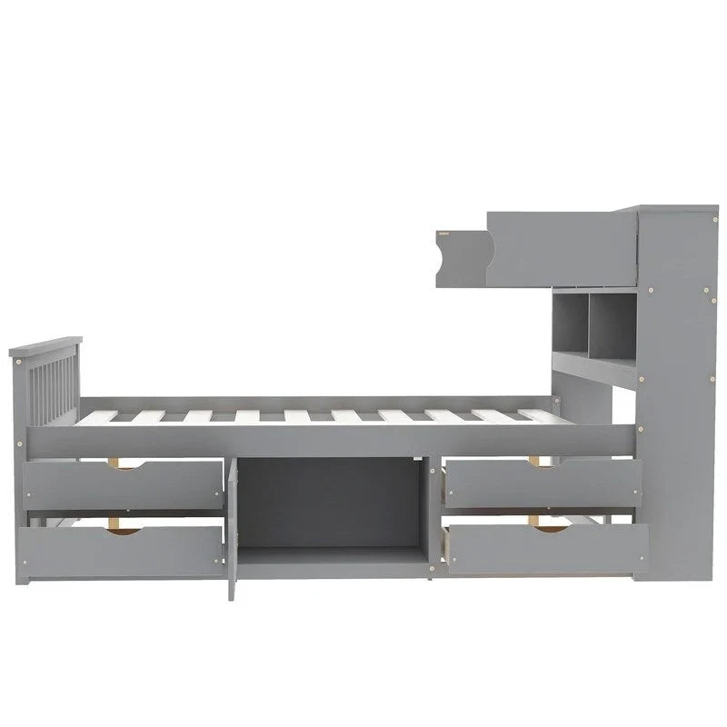 Letto a piattaforma Twin/Full Size Captain con 4 cassetti e mensole portaoggetti, struttura letto in legno massello con testiera libreria contenitore