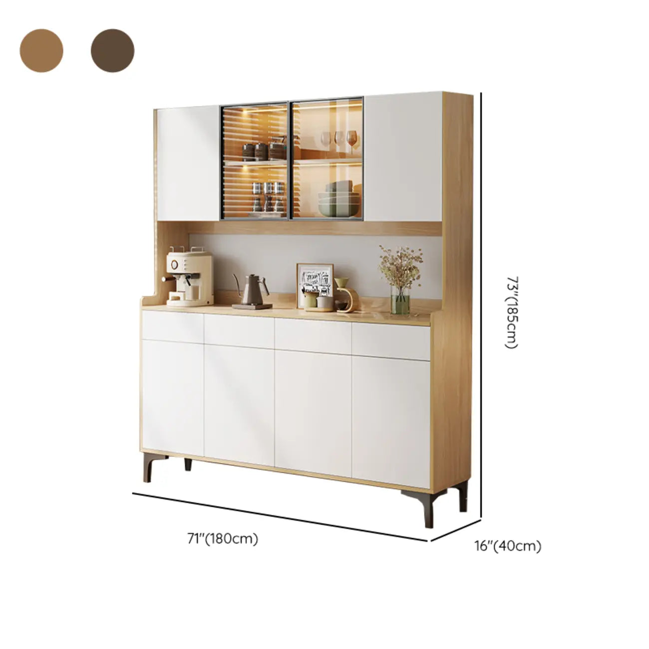 Large Wood Glass Doors Cabinet Sideboard with Hutch Top