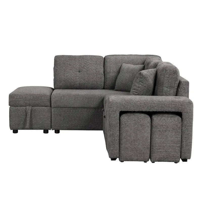 Divano componibile con letto estraibile e pouf contenitore, divano letto convertibile per soggiorno
