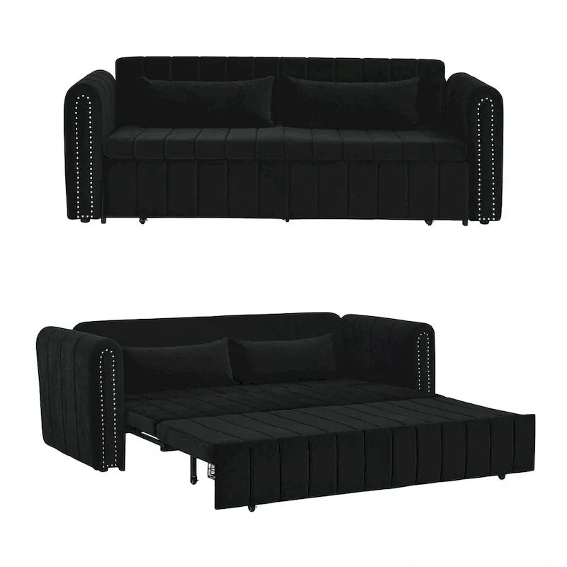 Divano letto moderno convertibile imbottito in velluto con braccioli arrotolati decorati con borchie in rame