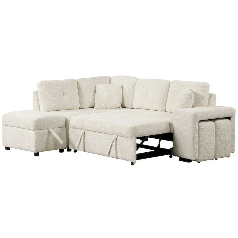 Divano componibile con letto estraibile e pouf contenitore, divano letto convertibile per soggiorno