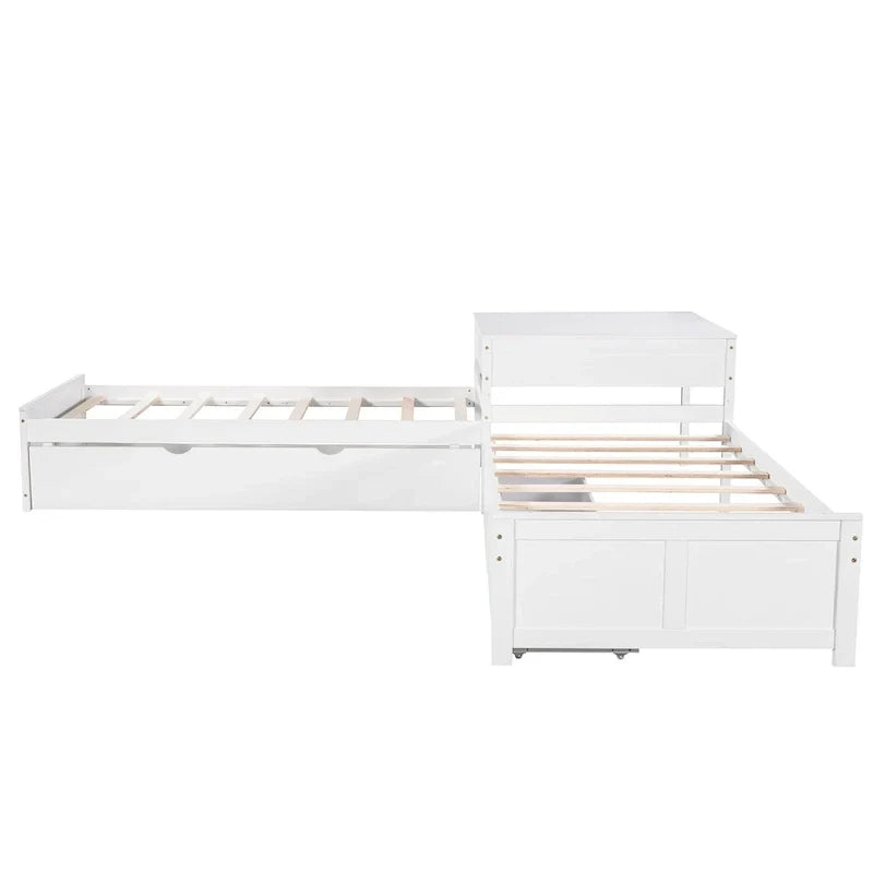 Letto a piattaforma a L moderno bianco per cameretta, dimensioni singole, con letto estraibile e cassetti