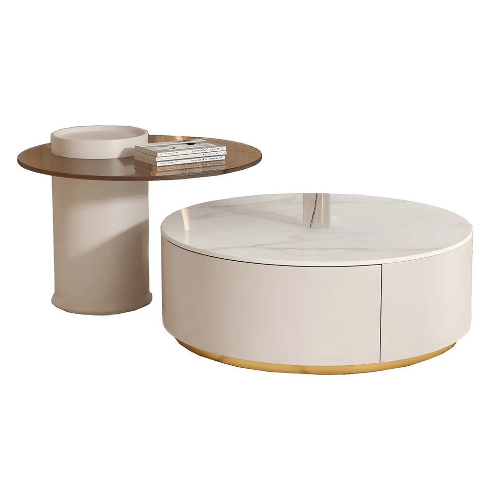 Tavolino da Caffè Rotondo Moderno Bianco in Legno con Cassetto a Tamburo