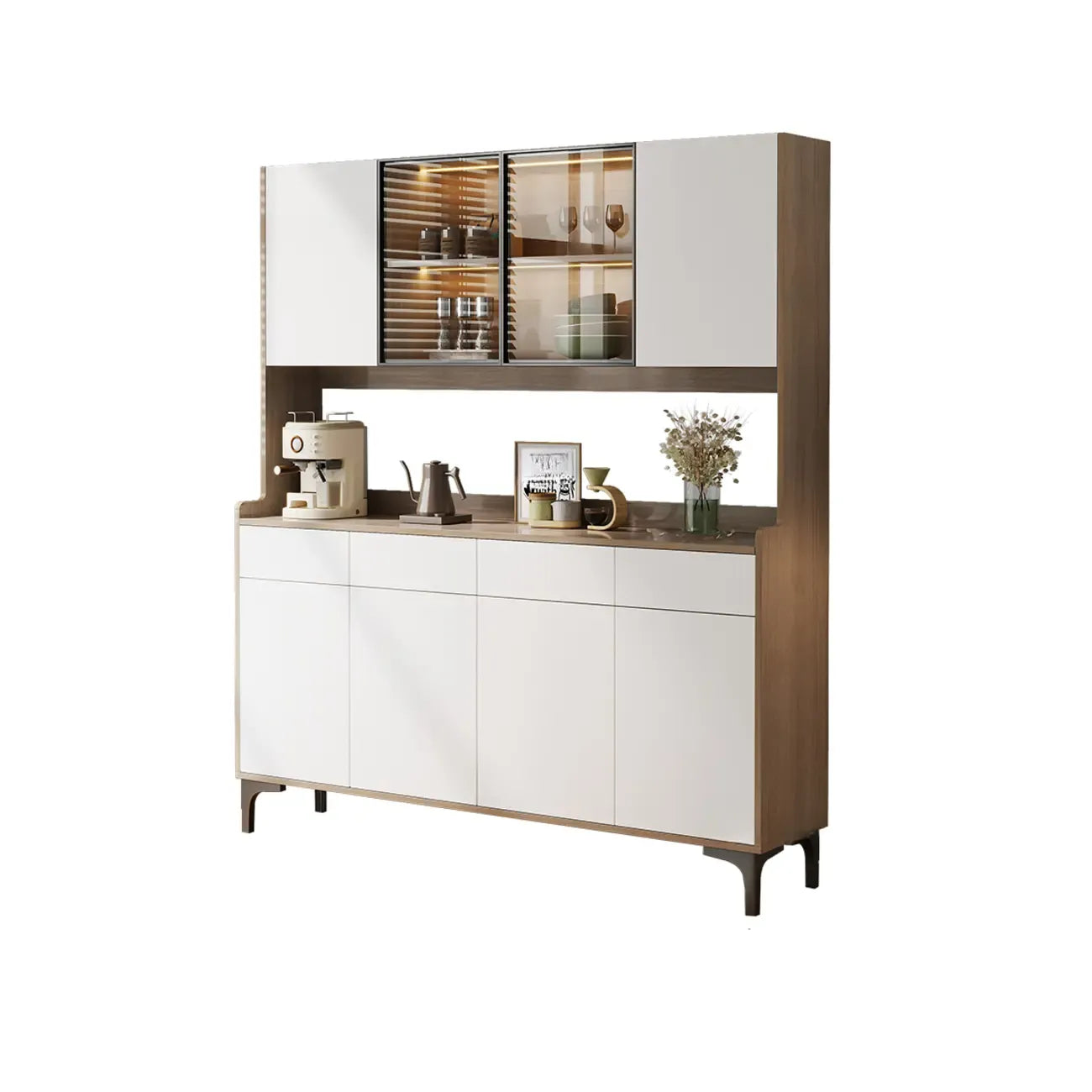 Large Wood Glass Doors Cabinet Sideboard with Hutch Top