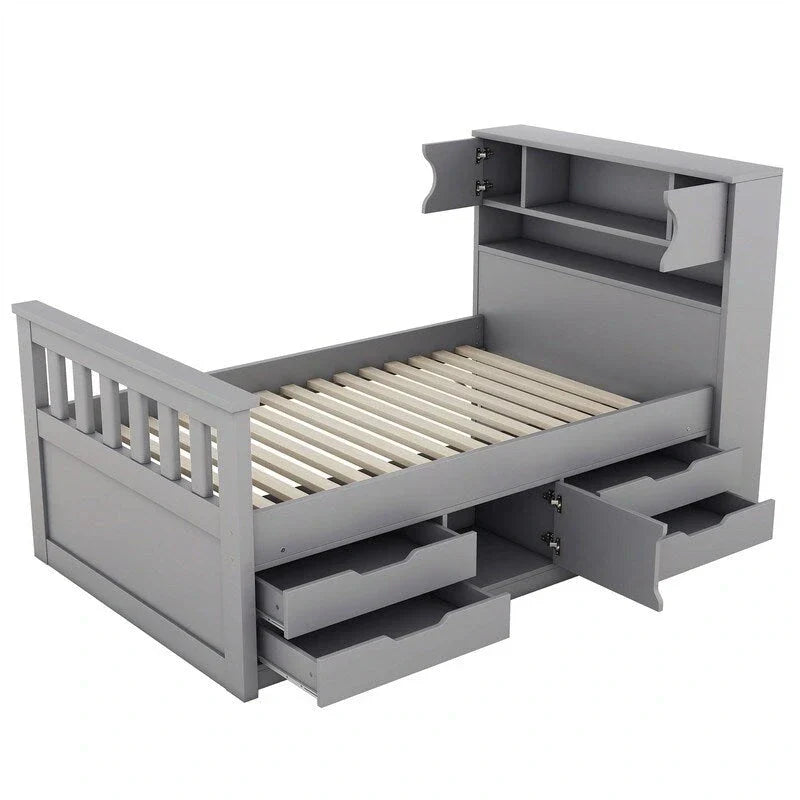 Letto a piattaforma Twin/Full Size Captain con 4 cassetti e mensole portaoggetti, struttura letto in legno massello con testiera libreria contenitore