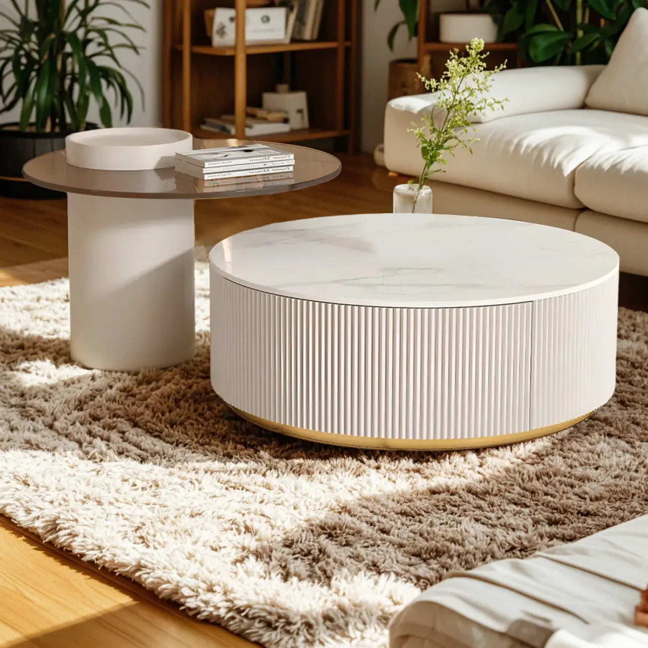 Tavolino da Caffè Rotondo Moderno Bianco in Legno con Cassetto a Tamburo