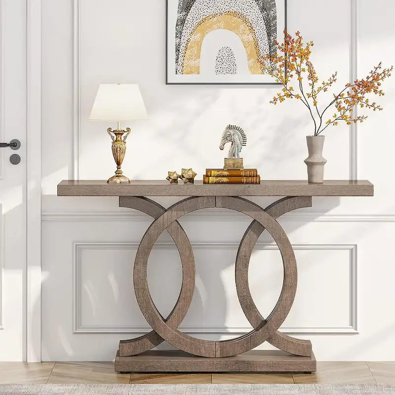 Consolle Vintage con Base Geometrica Tavolo da Ingresso in Legno