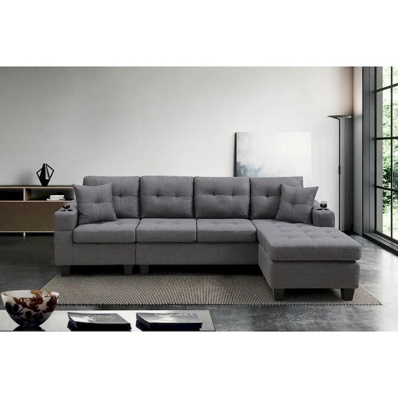 Divano componibile da soggiorno con chaise longue a L e portabicchieri