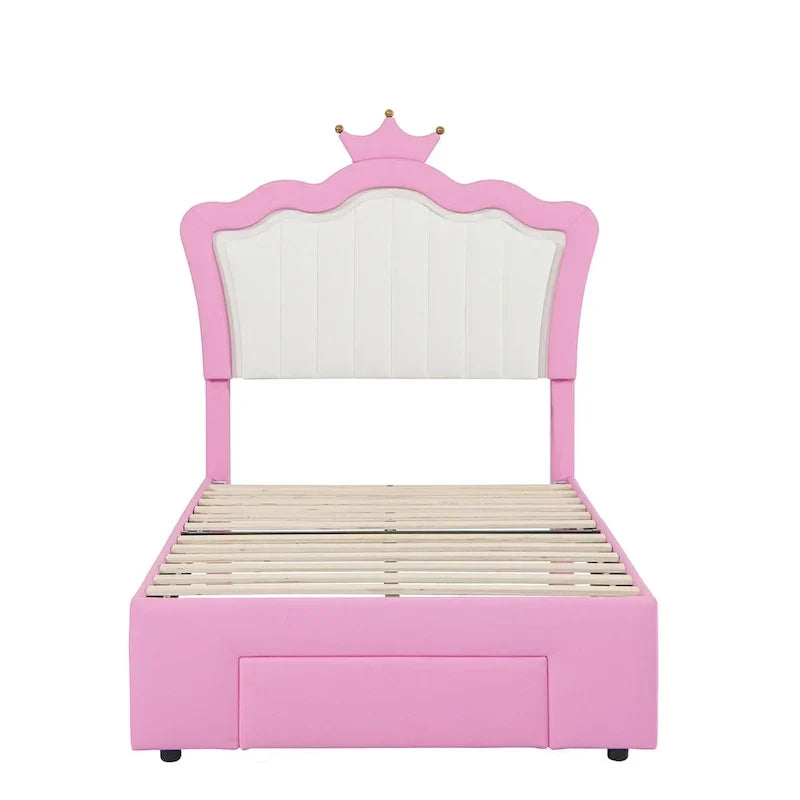 Letto Imbottito Singolo con Luci LED, Letto Imbottito Moderno da Principessa con Testiera a Corona, un Cassetto, Rosa+Bianco