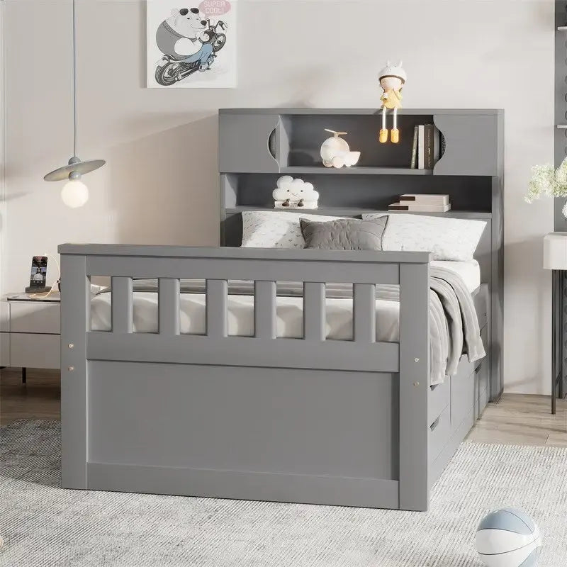 Letto a piattaforma Twin/Full Size Captain con 4 cassetti e mensole portaoggetti, struttura letto in legno massello con testiera libreria contenitore