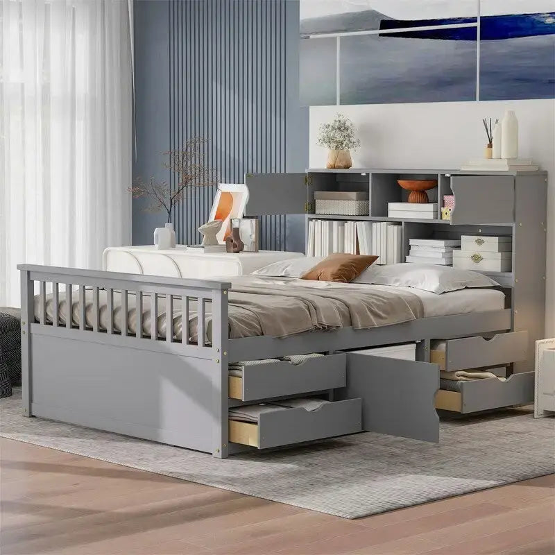 Letto a piattaforma Twin/Full Size Captain con 4 cassetti e mensole portaoggetti, struttura letto in legno massello con testiera libreria contenitore