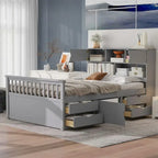 Letto a piattaforma Twin/Full Size Captain con 4 cassetti e mensole portaoggetti, struttura letto in legno massello con testiera libreria contenitore