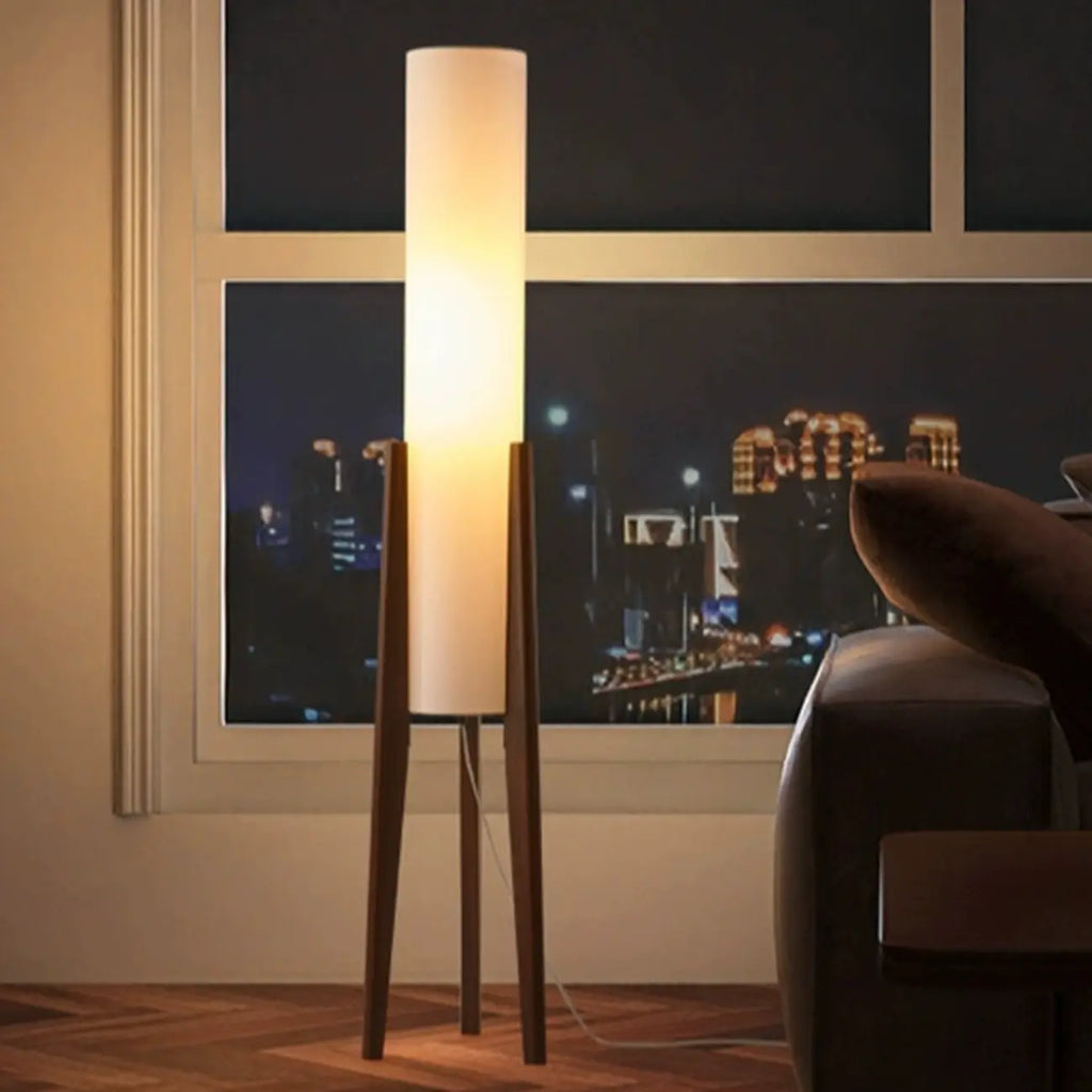 Lampade da terra a LED vintage in legno con paralume in tessuto